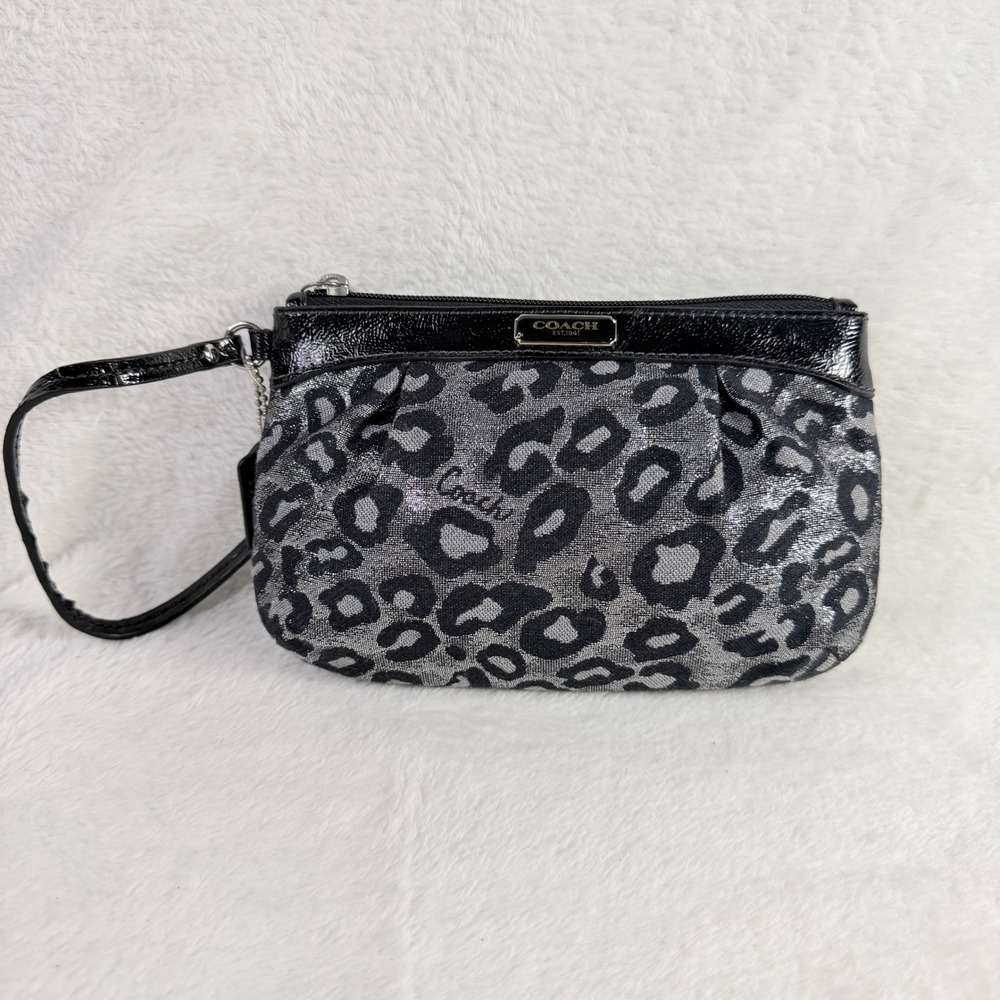 Coach Leopard Print Wristlet Ocelot 8"x5" Silver Black Metallic Patent Leather